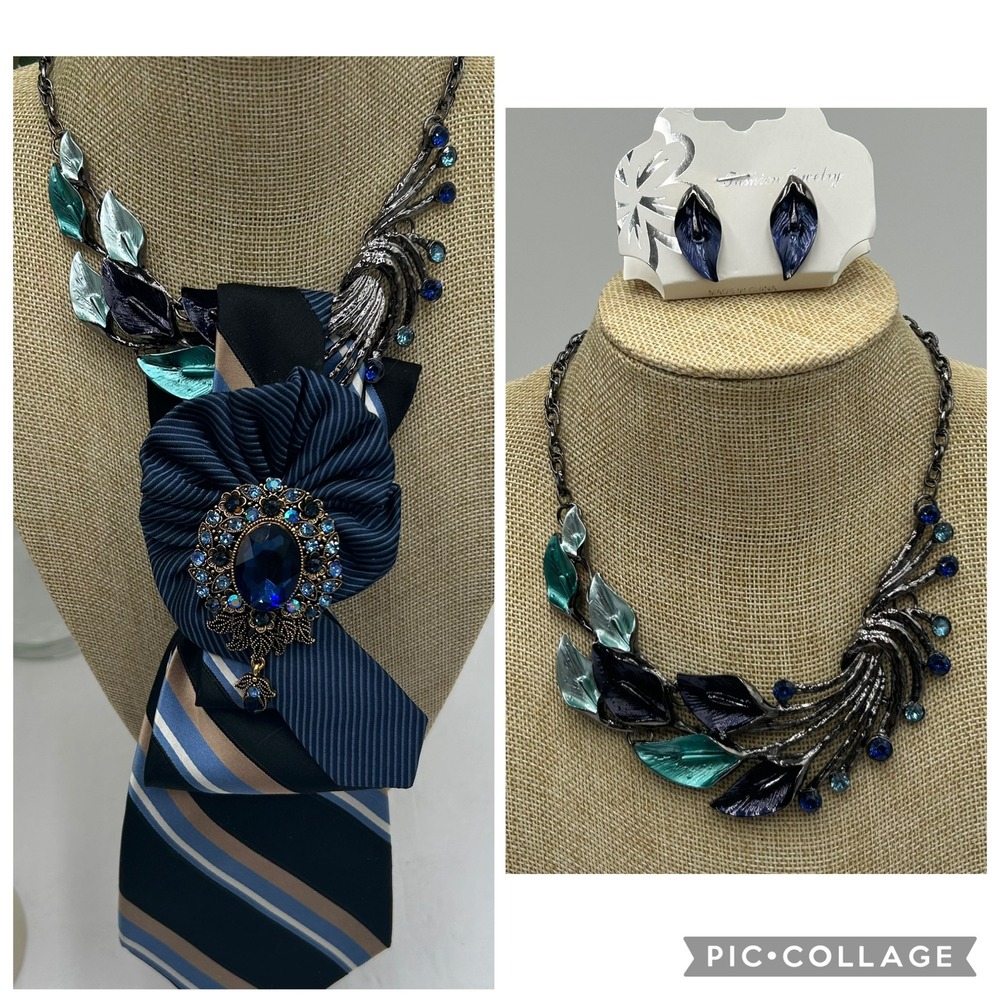 Tommy Hilfiger Repurposed Tie Necklace Set Blue Crystal Brooch Enamel Earrings - Picture 2 of 13